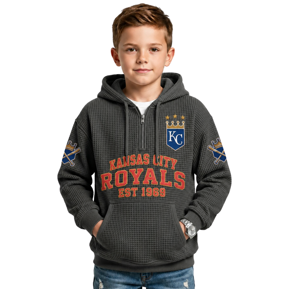 Kansas City Royals EST 1969 Printed Waffle Quarter Zip Baseball Fan Hoodie For Kids