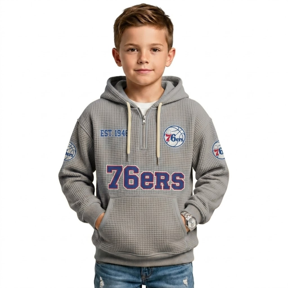 Philadelphia 76ers EST 1946 Printed Waffle Quarter Zip Basketball Fan Hoodie For Kids
