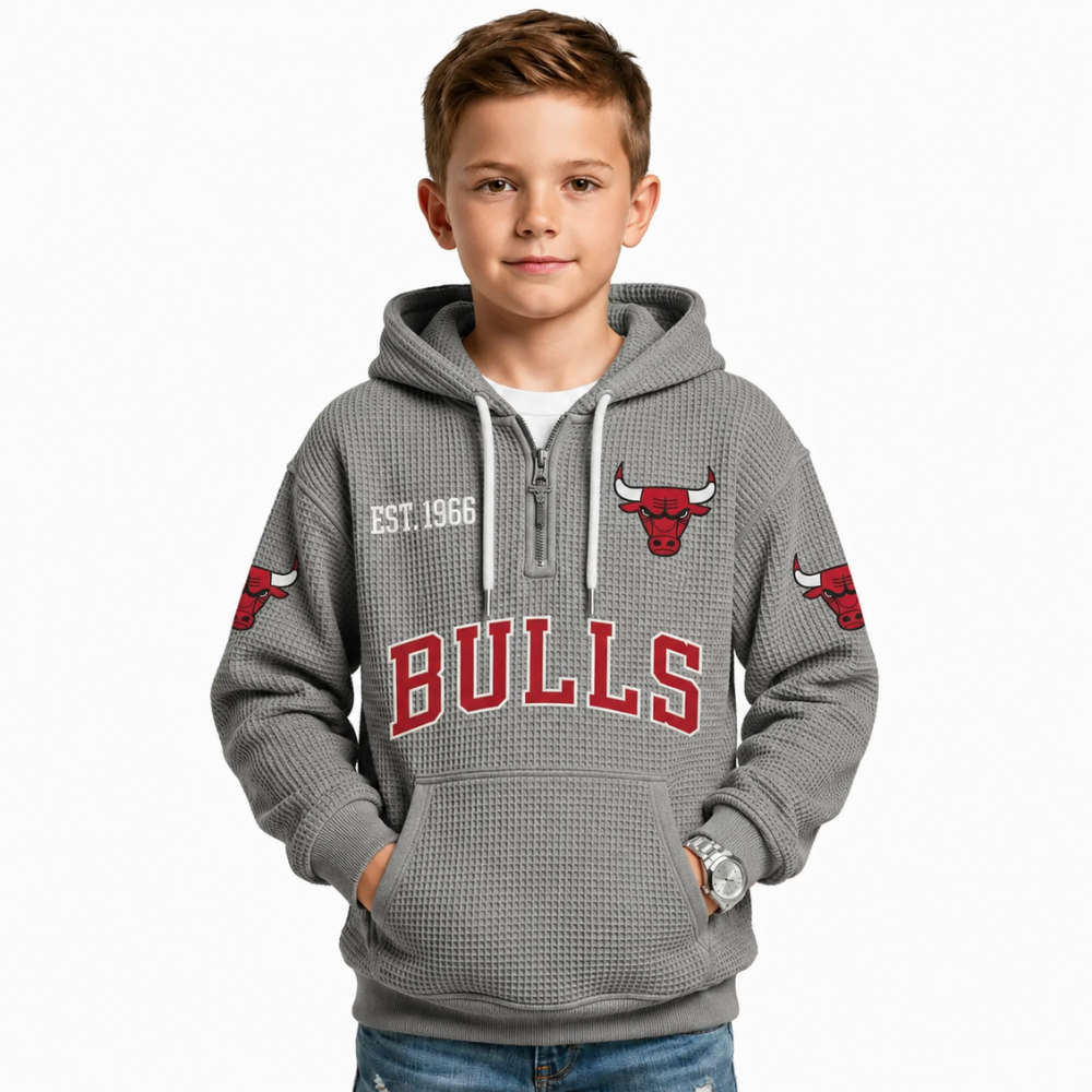 Chicago Bulls EST 1966 Printed Waffle Quarter Zip Basketball Fan Hoodie For Kids