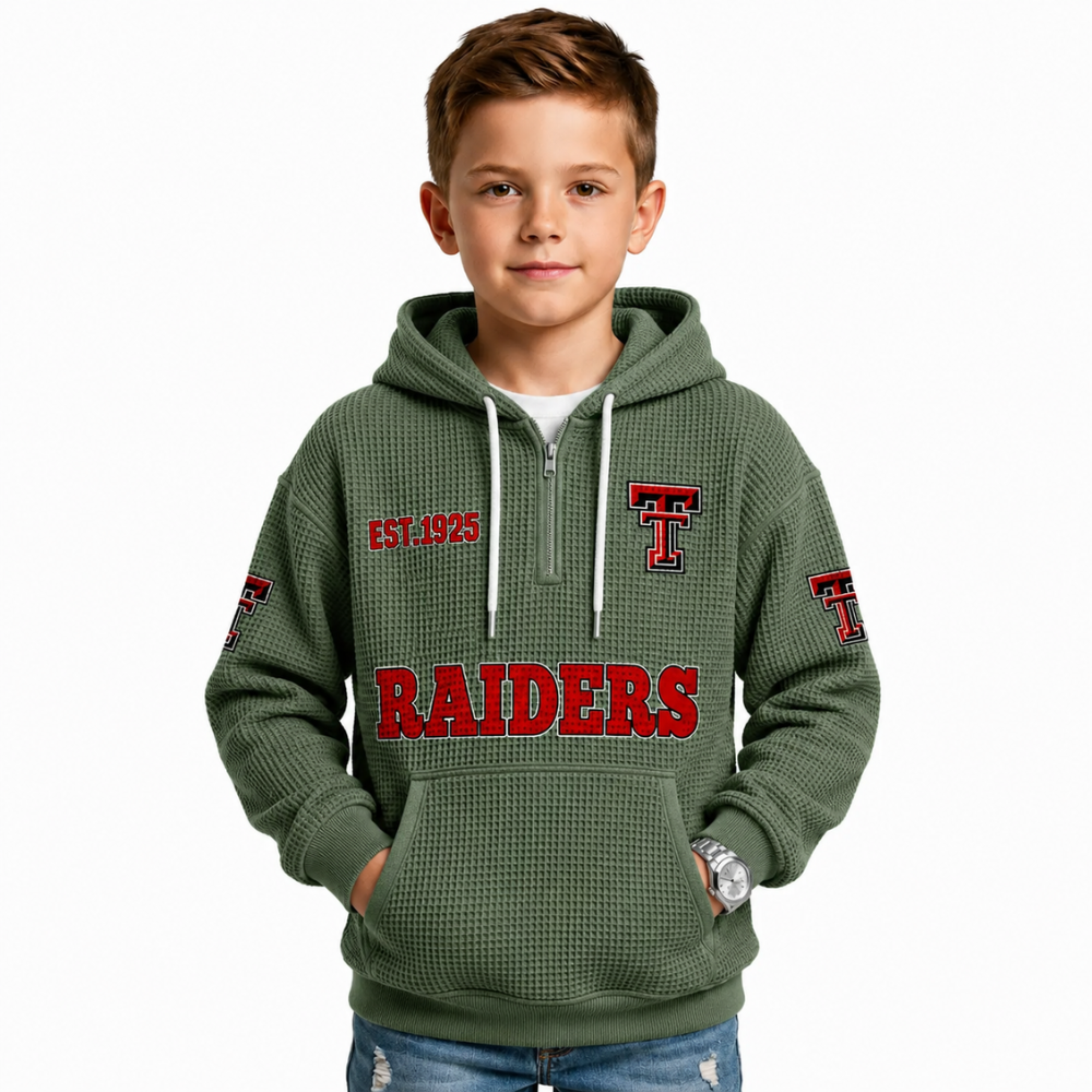 Las Vegas Raiders EST 1925 Themed Quarter Zip Waffle Football Fan Hoodie For Kids