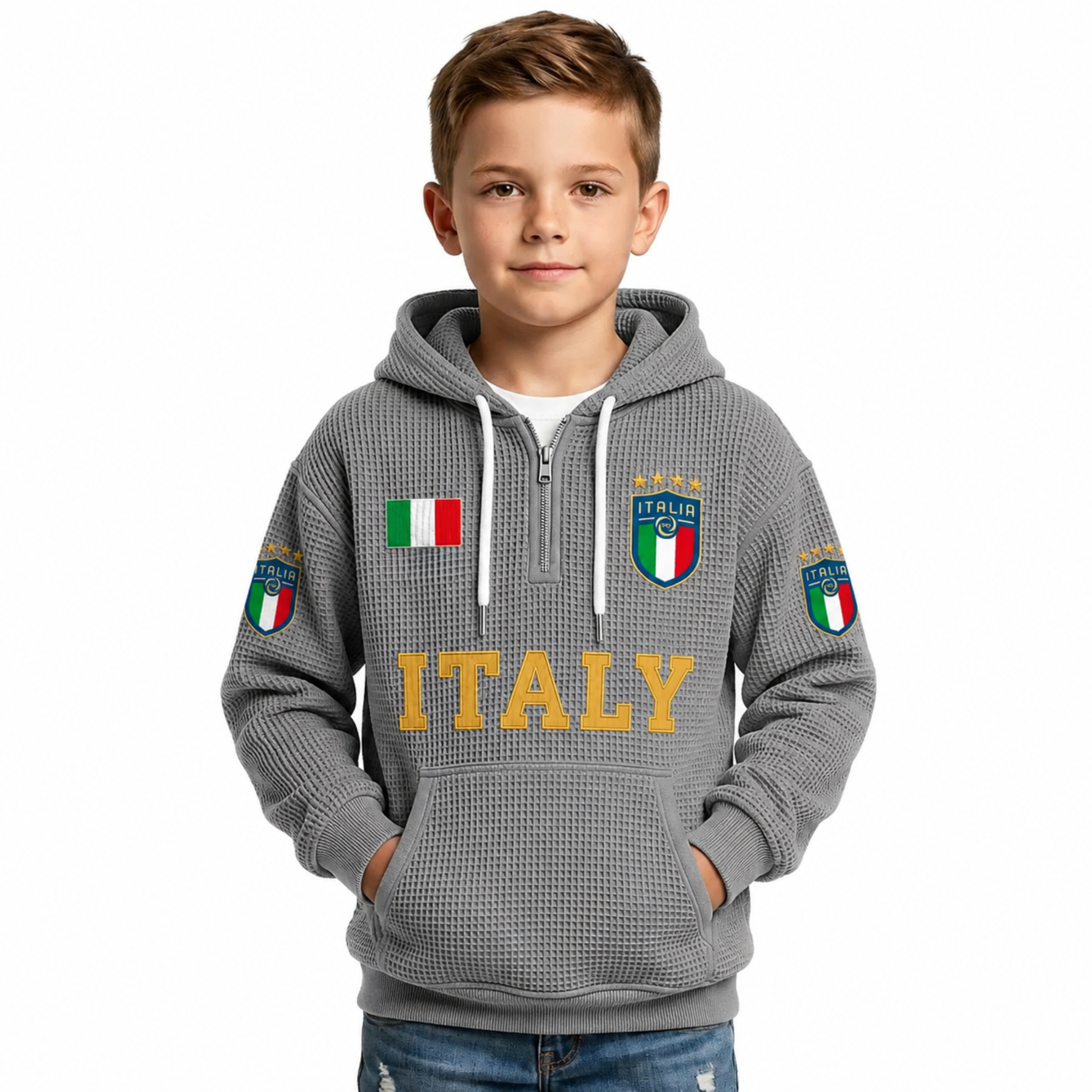 Italy Printed Waffle Quarter Zip Football Fan Hoodie For Kids
