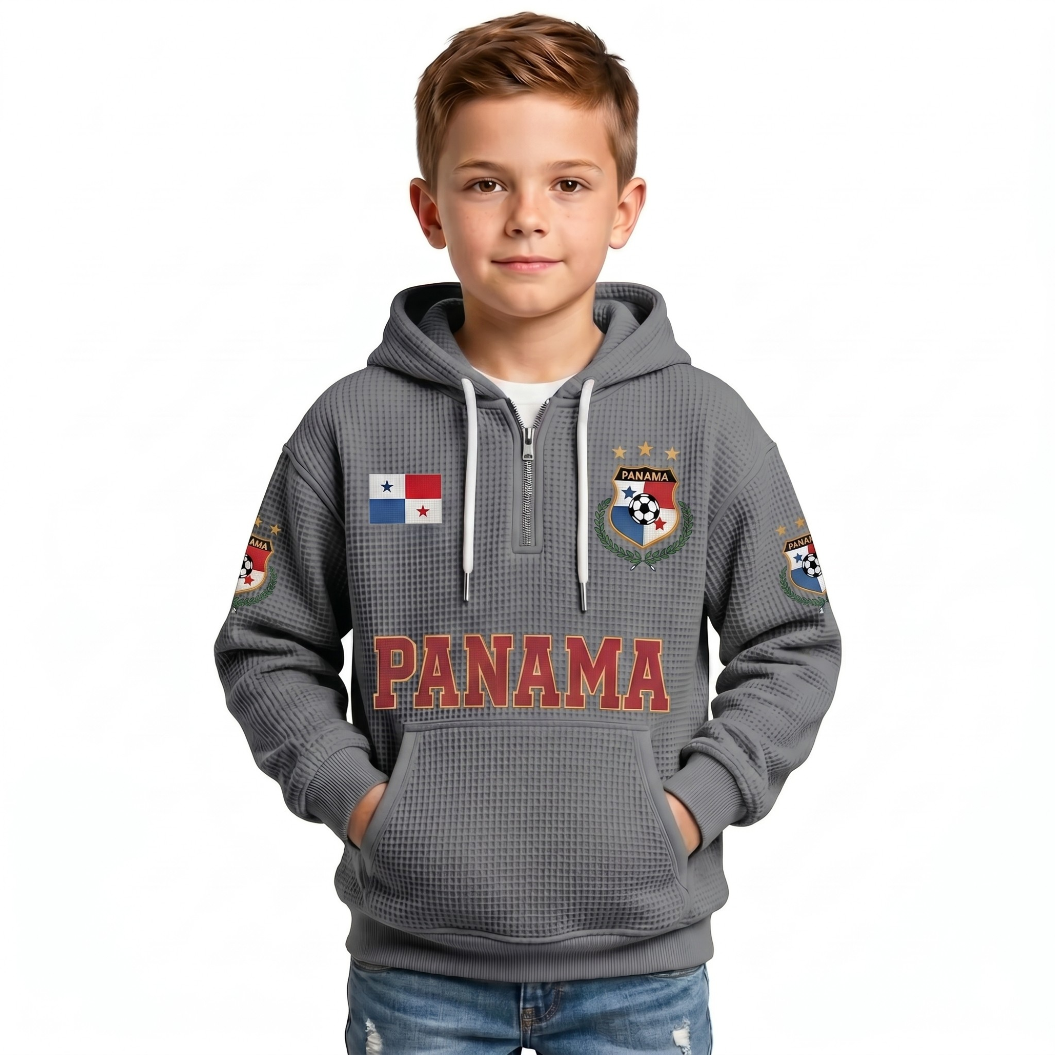 2026 Panama Printed Waffle Quarter Zip Football Fan Hoodie For Kids