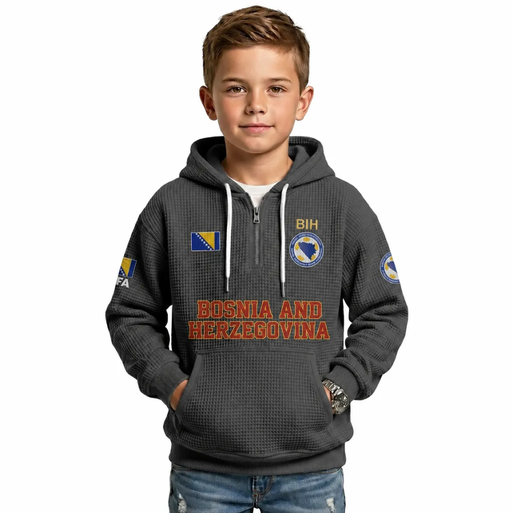 Bosnia And Herzegovina Printed Waffle Quarter Zip Football Fan Hoodie For Kids