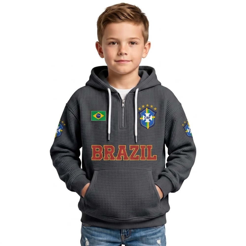 Brazil Printed Waffle Quarter Zip Football Fan Hoodie For Kids