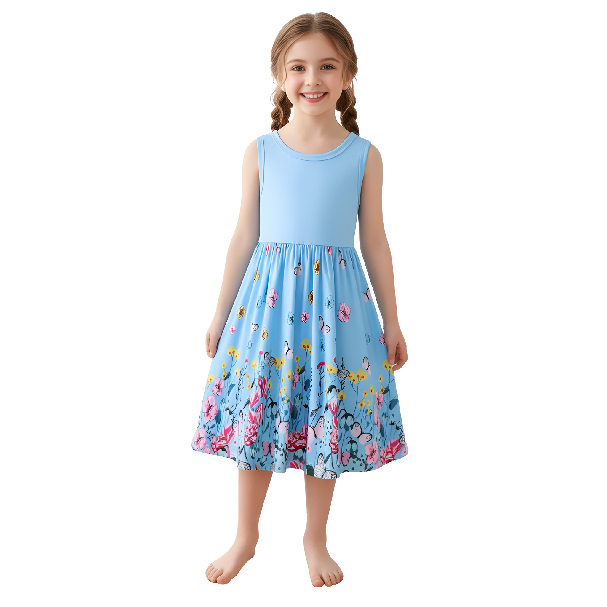 Girls Floral Butterfly Print Summer Sleeveless Midi Dress