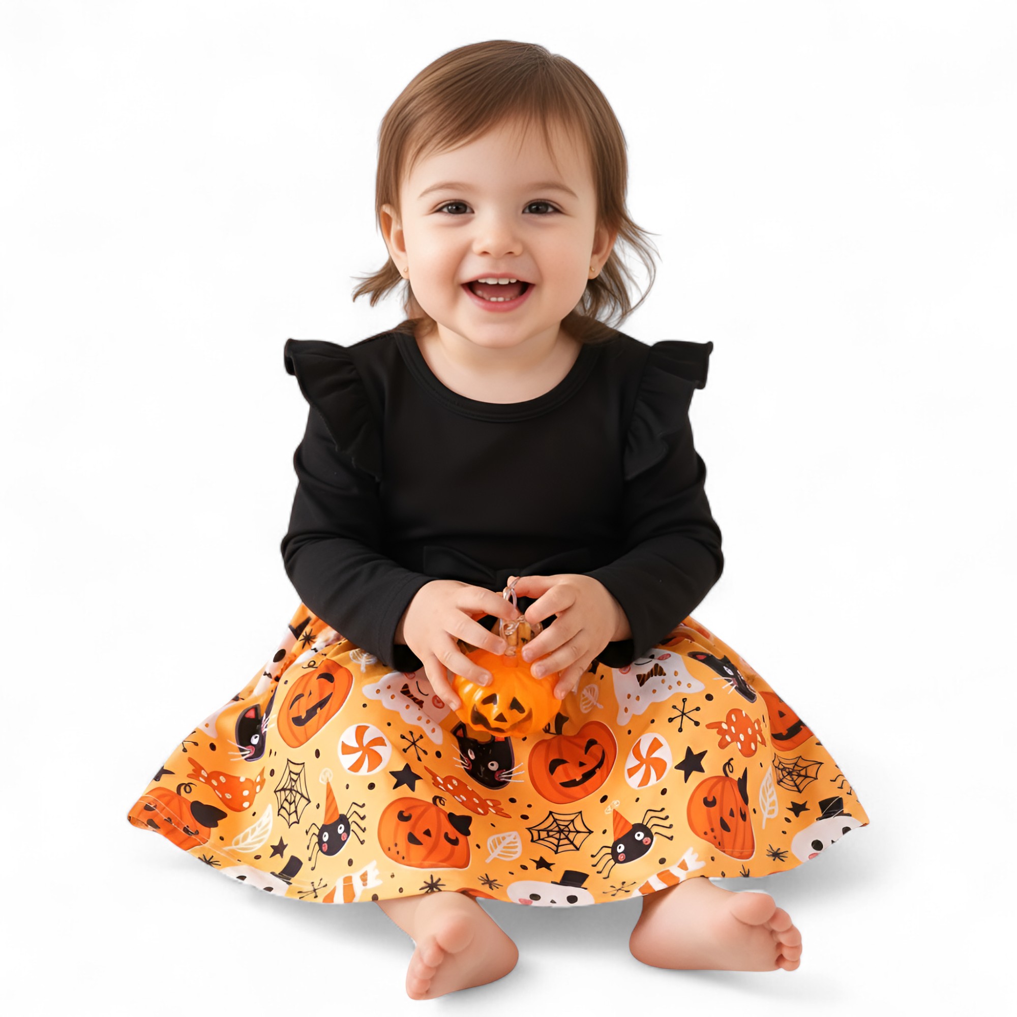  Girls Round Neck Flutter Sleeve Cartoon Print Dress