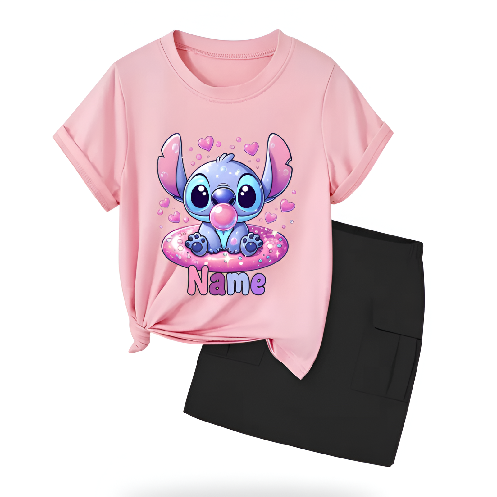 Customizable Stitch Girls Short Sleeve T Shirt And Skirt 2 Piece Set