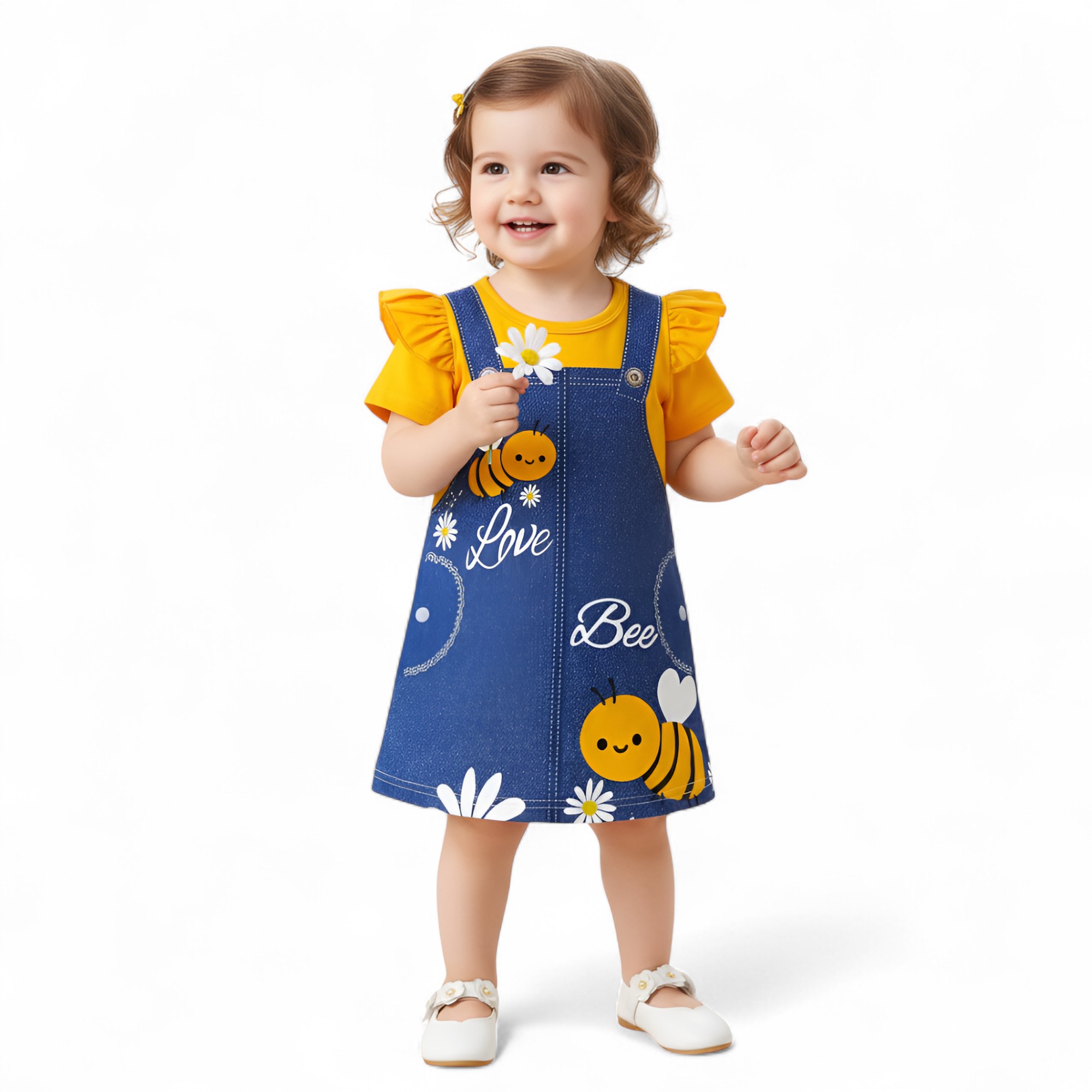 Girls Summer Bee And Flower Print Dress With Ruffled Sleeves