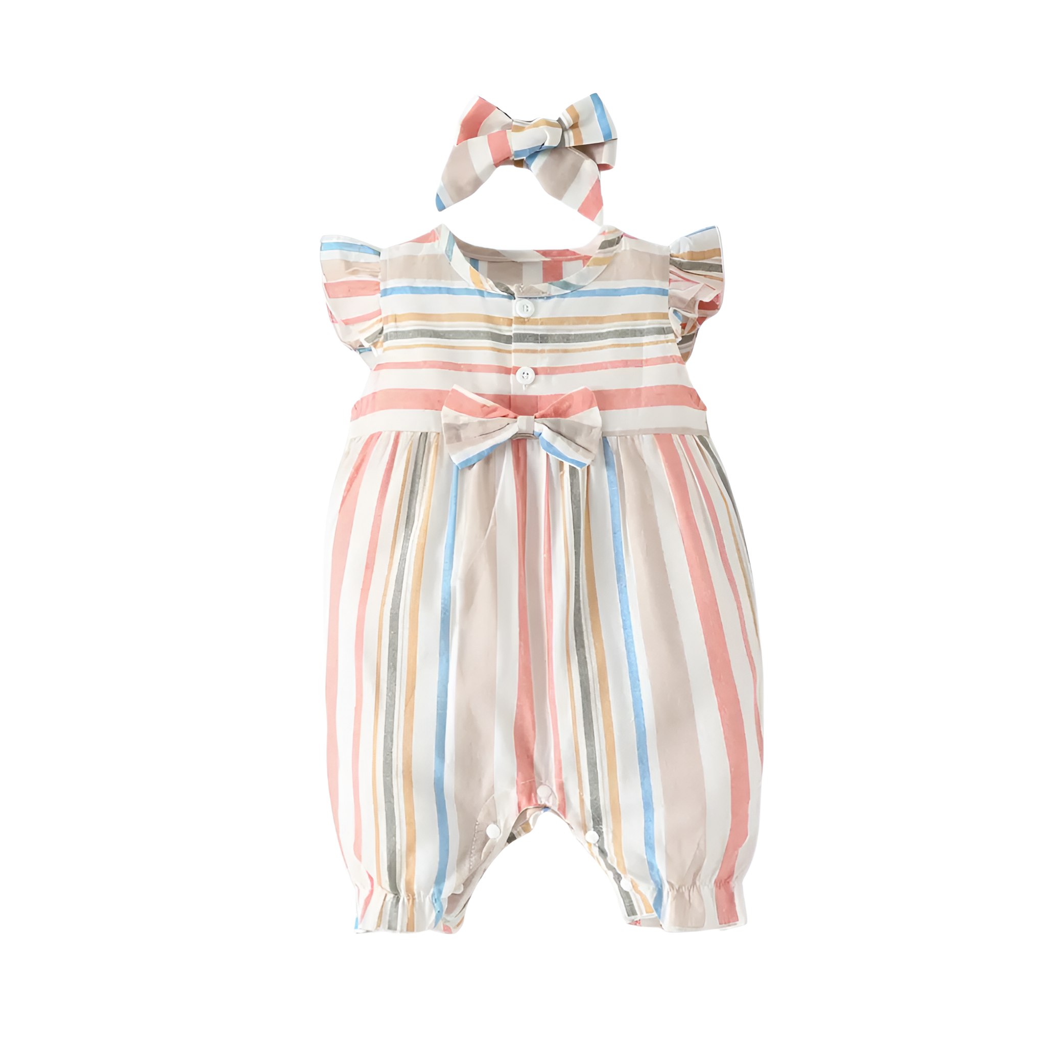 Striped Romper With Bow Detail And Ruffled Hem For Baby Girl