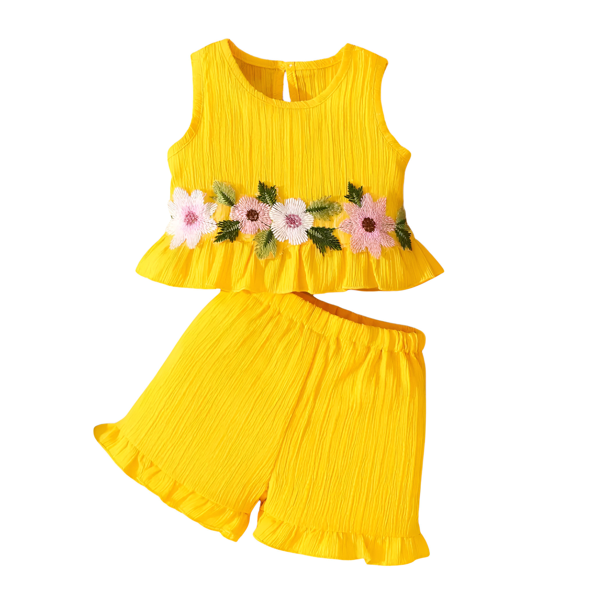 Sleeveless Top with Floral Embroidery And Ruffle Shorts