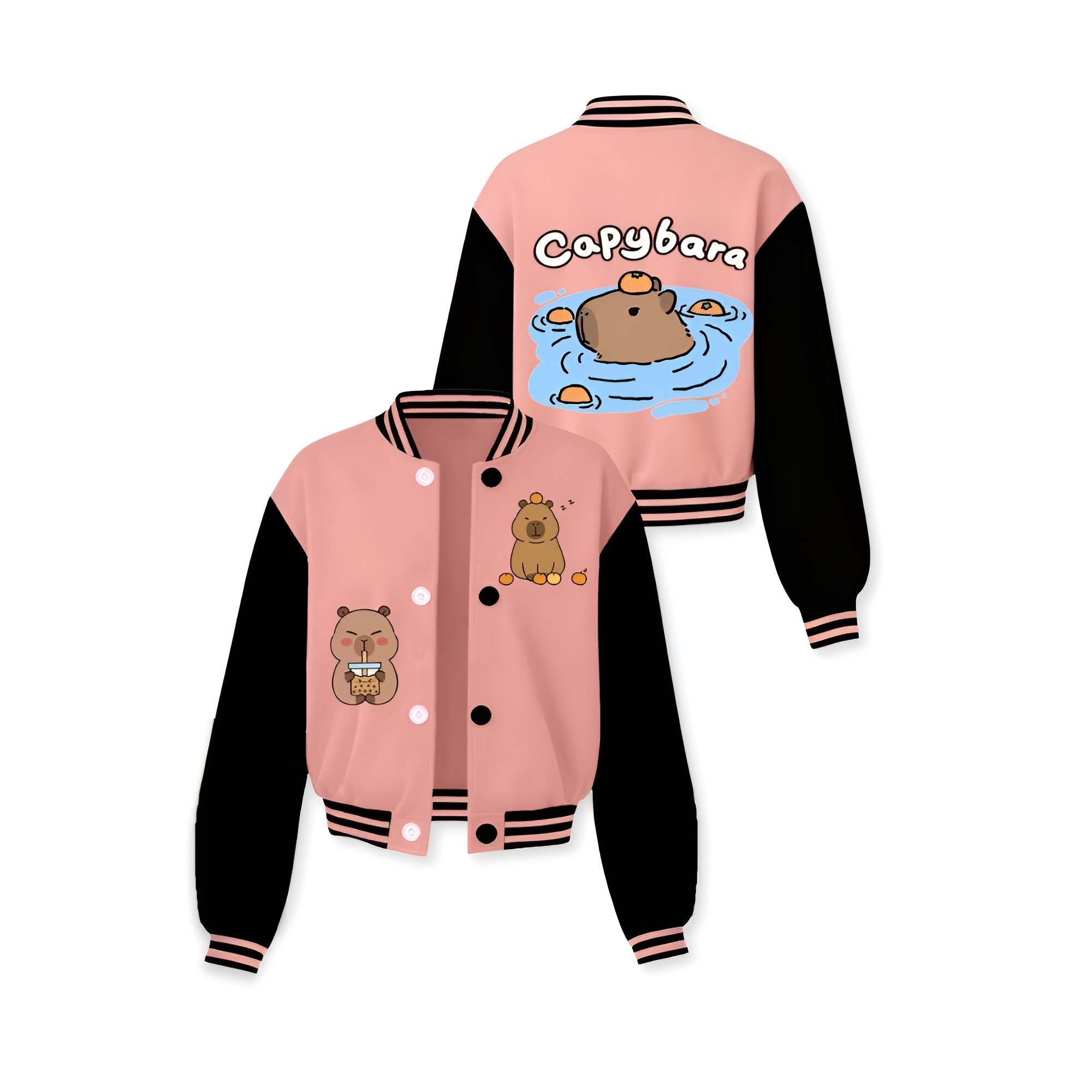Capybara Family Print Baseball Jacket With Snap Closure And Casual Style For Girls