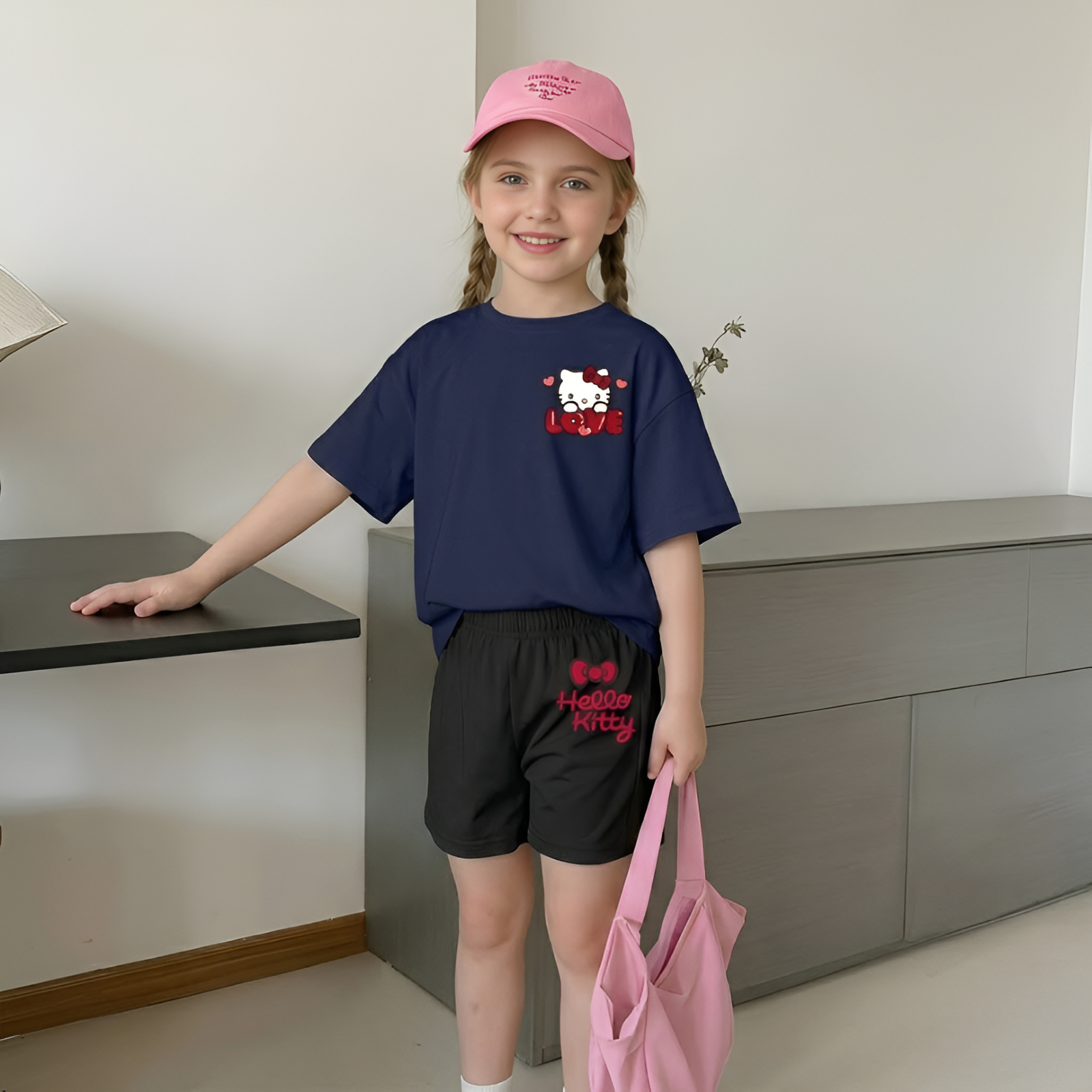 Hello Kitty Double Sided Print Mesh T Shirt And Shorts Set For Girls