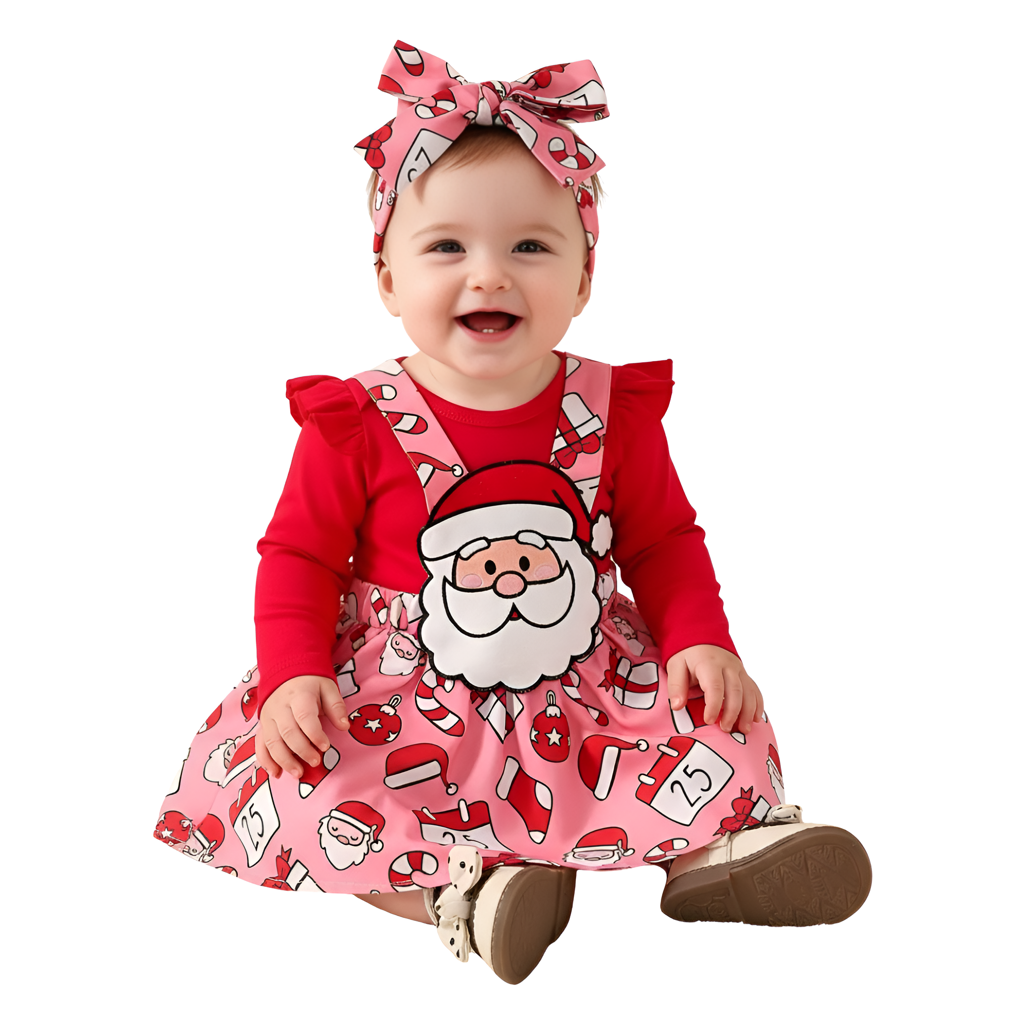 3 Piece Christmas Outfit Long Sleeve Onesie With Suspenders And Hair Tie For Girl