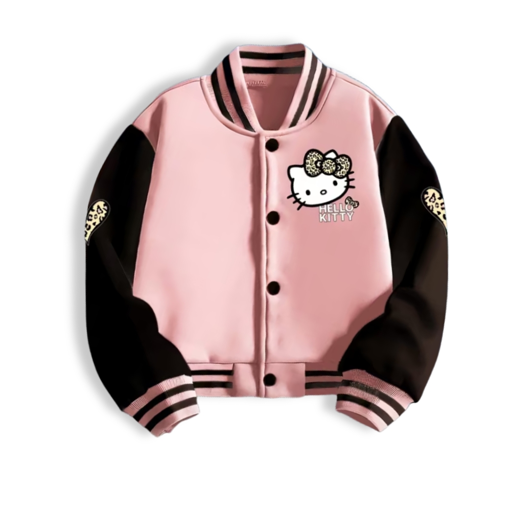 Personalized Hello Kitty Cartoon Leopard Bow Printed Baseball Jacket