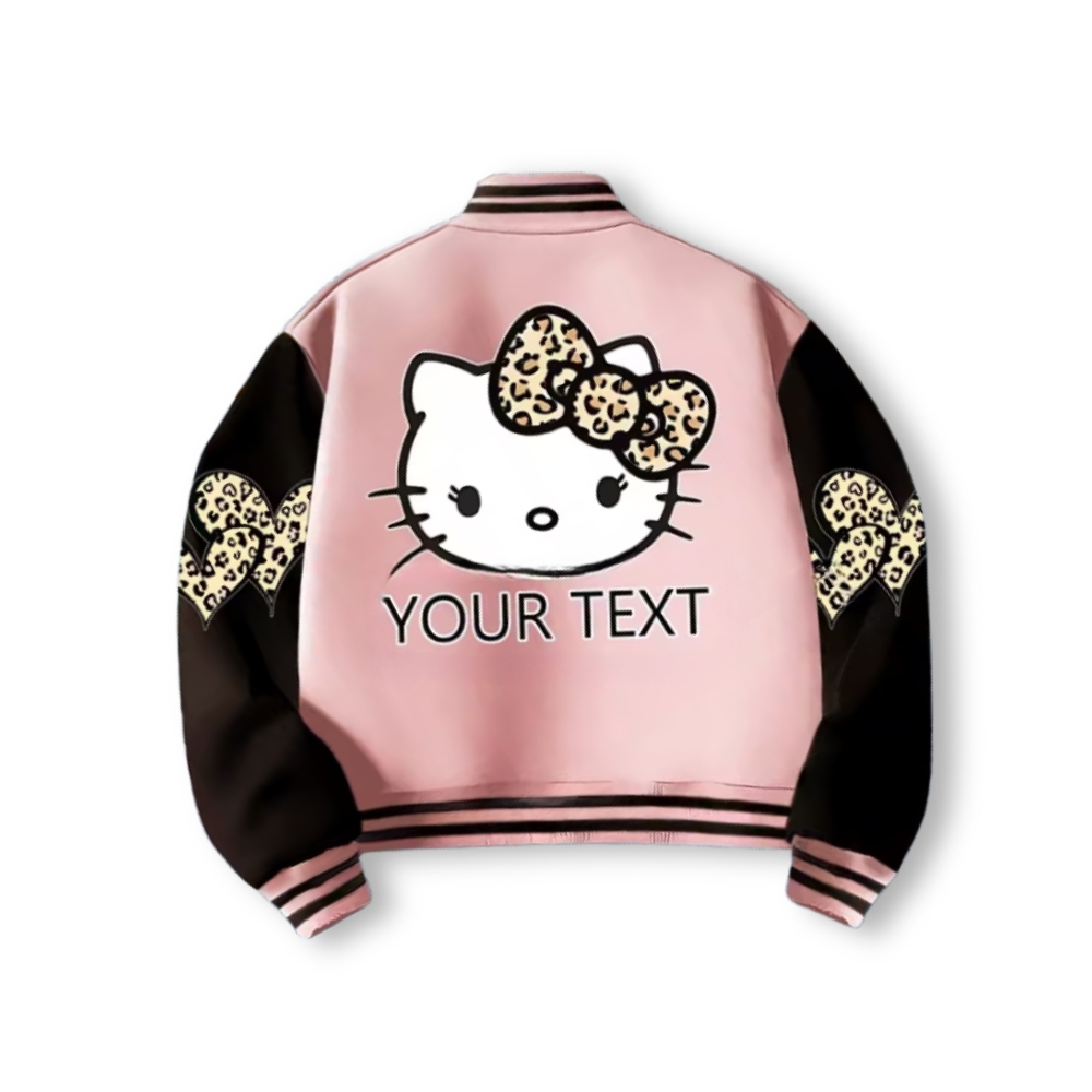 Personalized Hello Kitty Cartoon Leopard Bow Printed Baseball Jacket