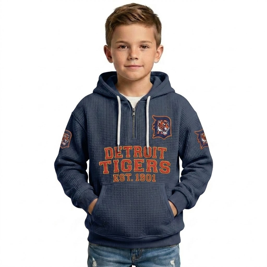 Detroit Tigers EST 1901 Printed Waffle Quarter Zip Baseball Fan Hoodie For Kids