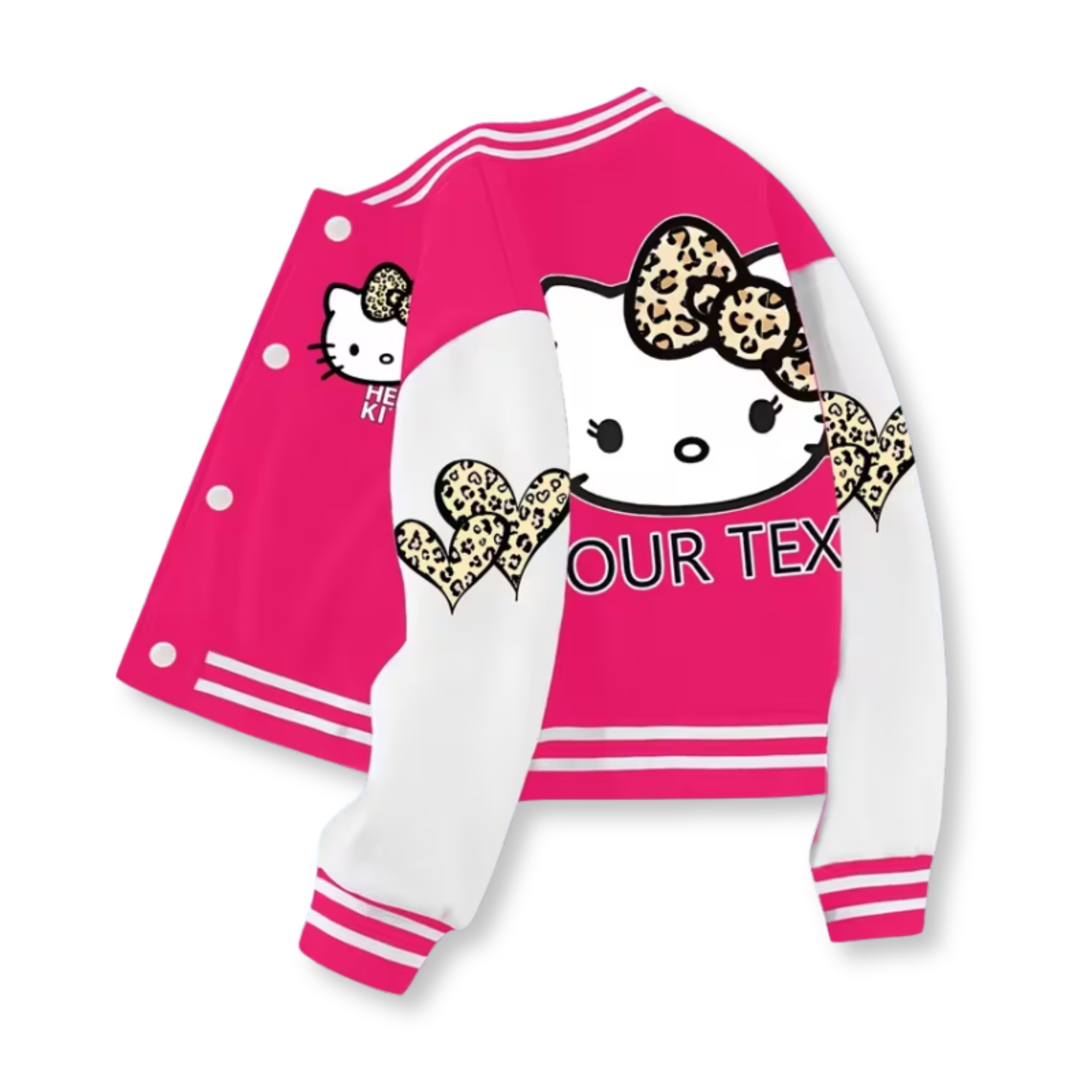 Personalized Hello Kitty Cartoon Leopard Bow Printed Baseball Jacket