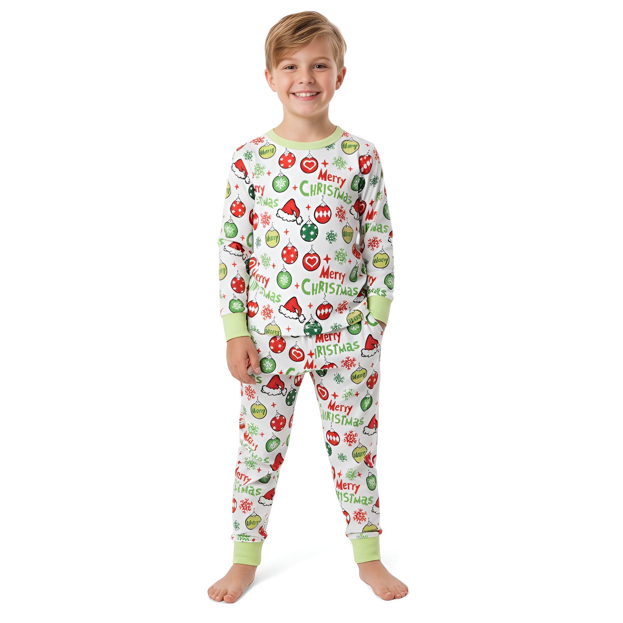 Christmas Green Trim Santa Hat Balloon Print Long Sleeve Set