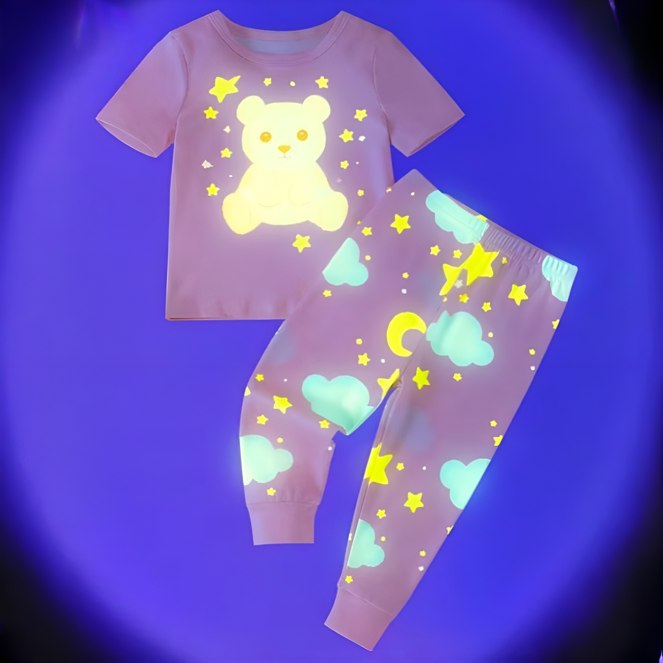 2 Pieces Bear Moon Cloud Element Print Short Sleeve Tshirt and Pants Set for Girls