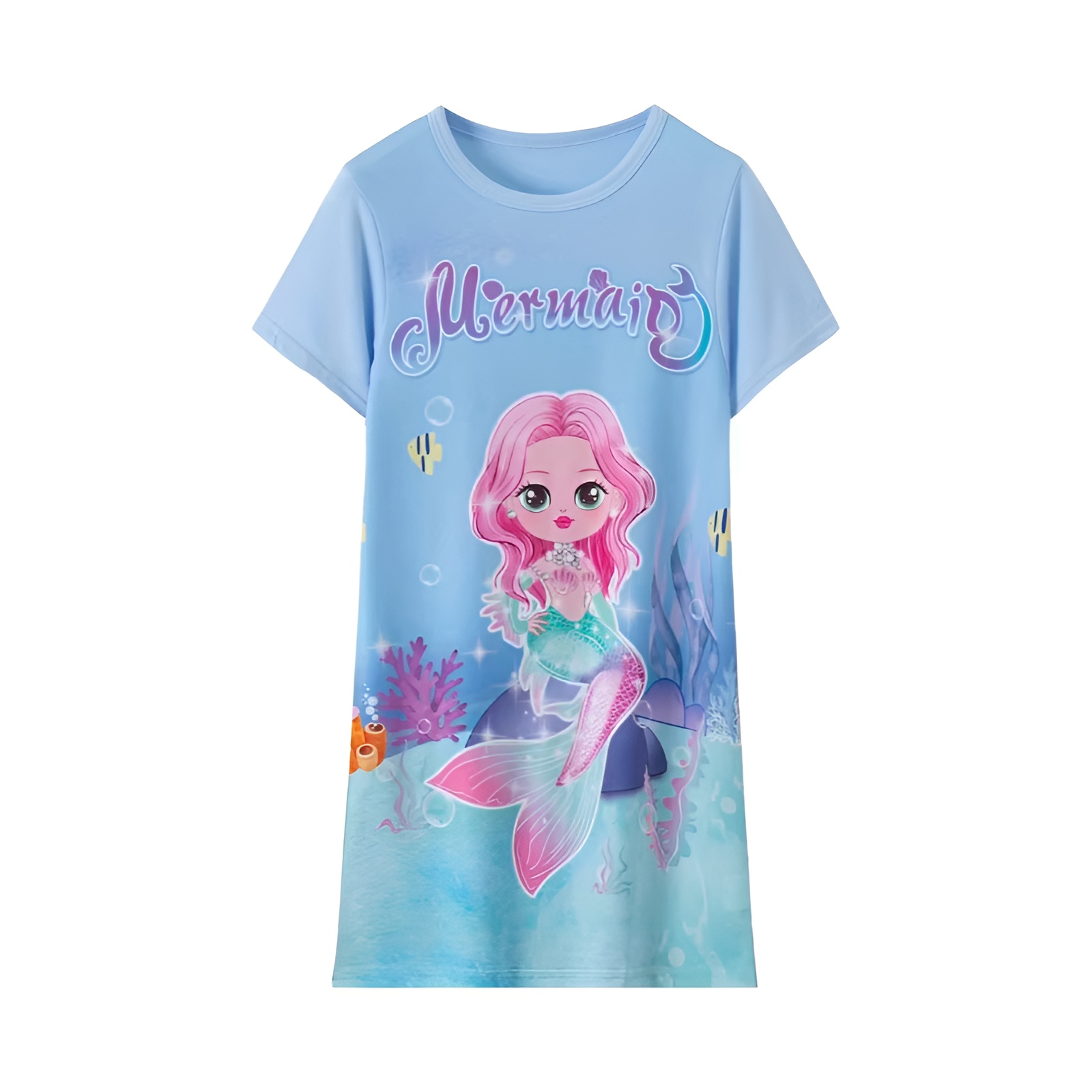 2pcs Cartoon Mermaid Pattern Short Sleeve Knee Length Dress for Girls