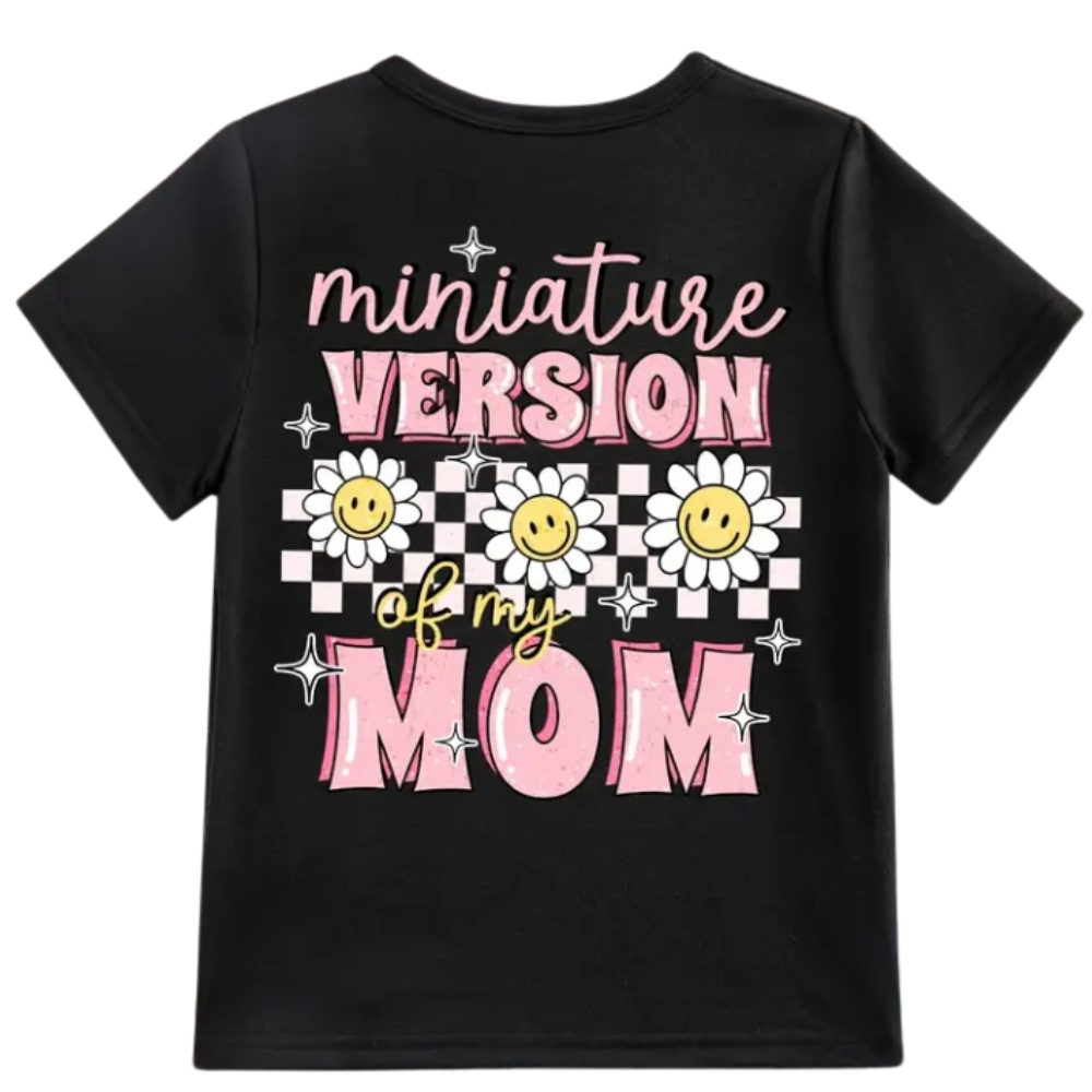 Miniature Version Of My Mom Checkered Floral Print T Shirt For Girls