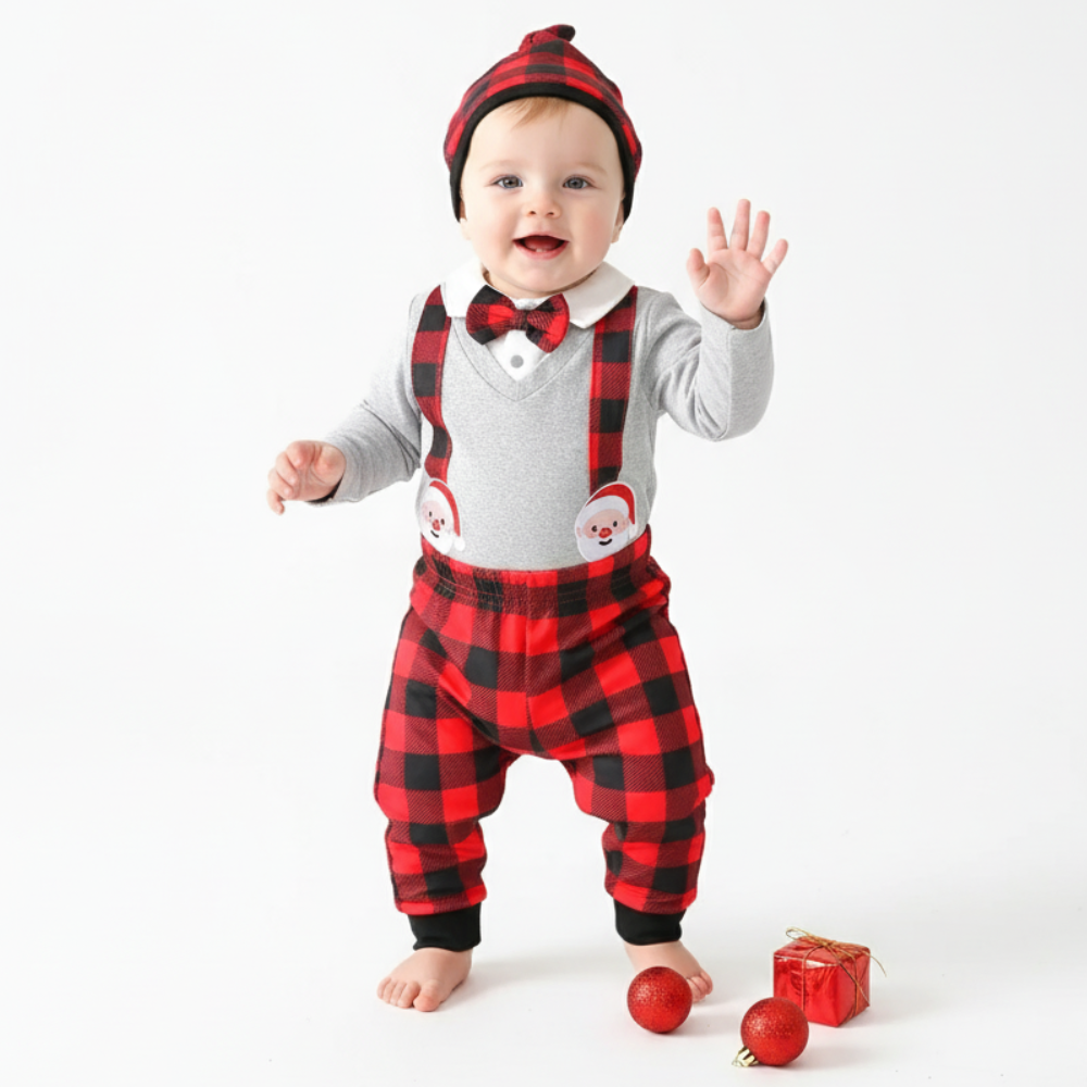Plaid Long Sleeve Christmas Outfit Set with Suspenders Pants and Matching Hat
