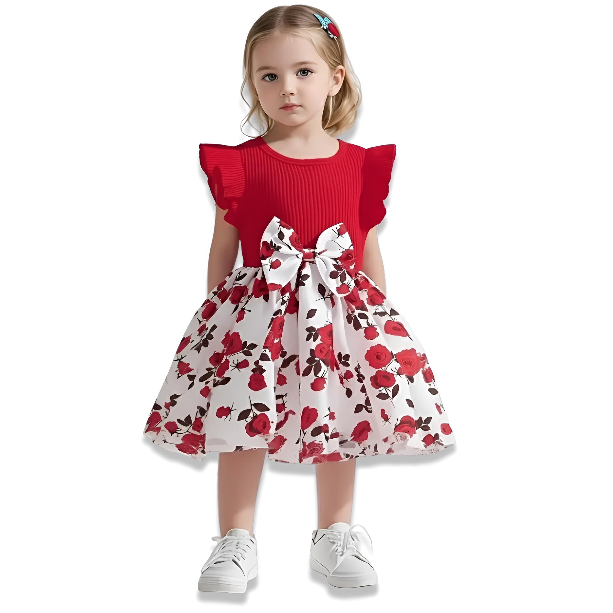 Summer Dress with Red Rose and Puff Sleeve Ruffled Hem