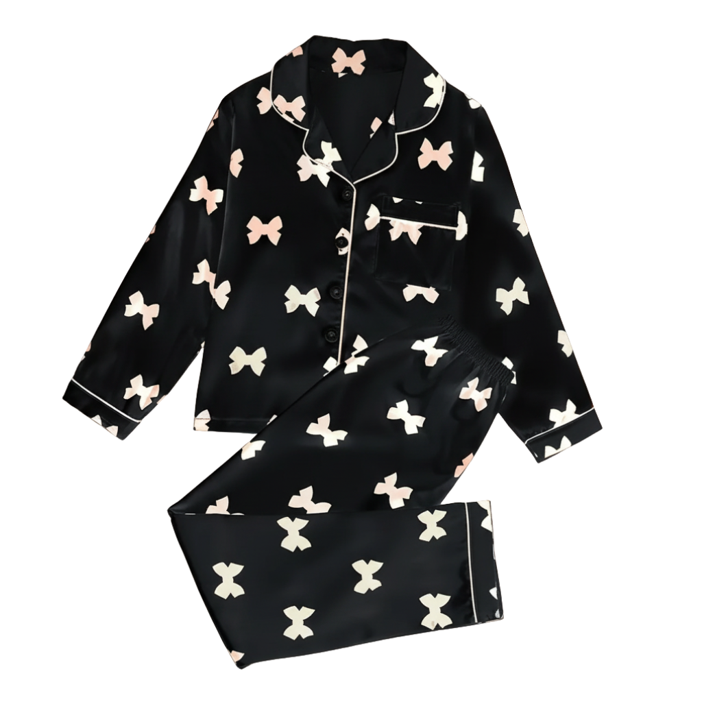 Long Sleeve Bowknot Print Pajama Set With Collar And Pants