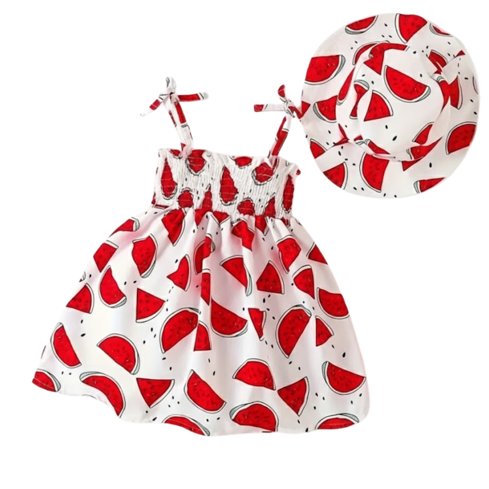 Fruit Pattern Print Sleeveless Camisole Dress And Hat For Baby Girl 