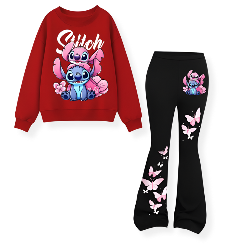Stitch And Angel Girl Sweatshirt And Flare Pants 2 Piece Set
