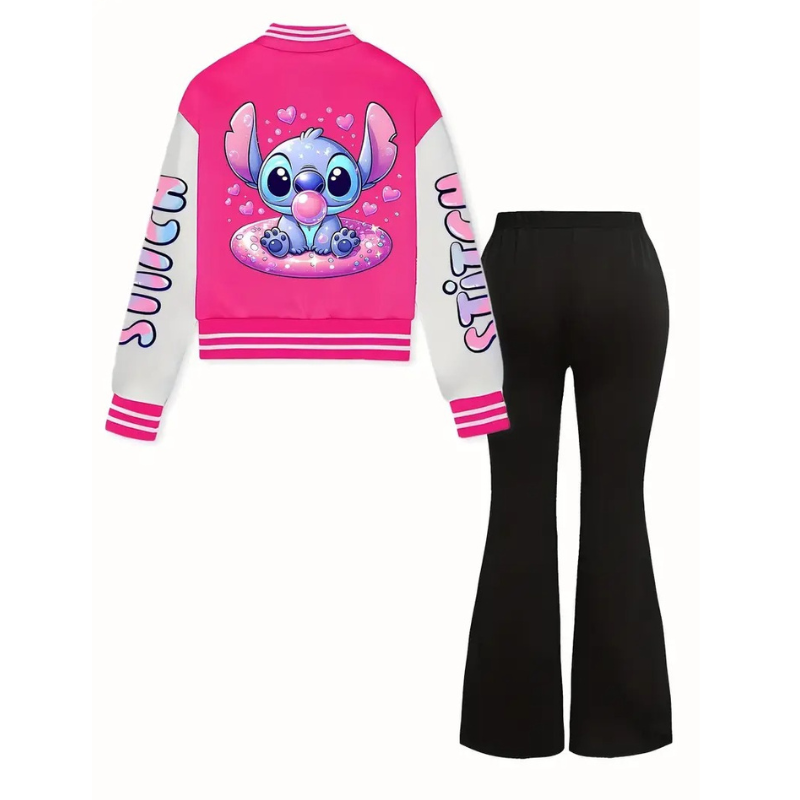 Stitch Print Girls Baseball Uniform And Trousers 2 Piece Set