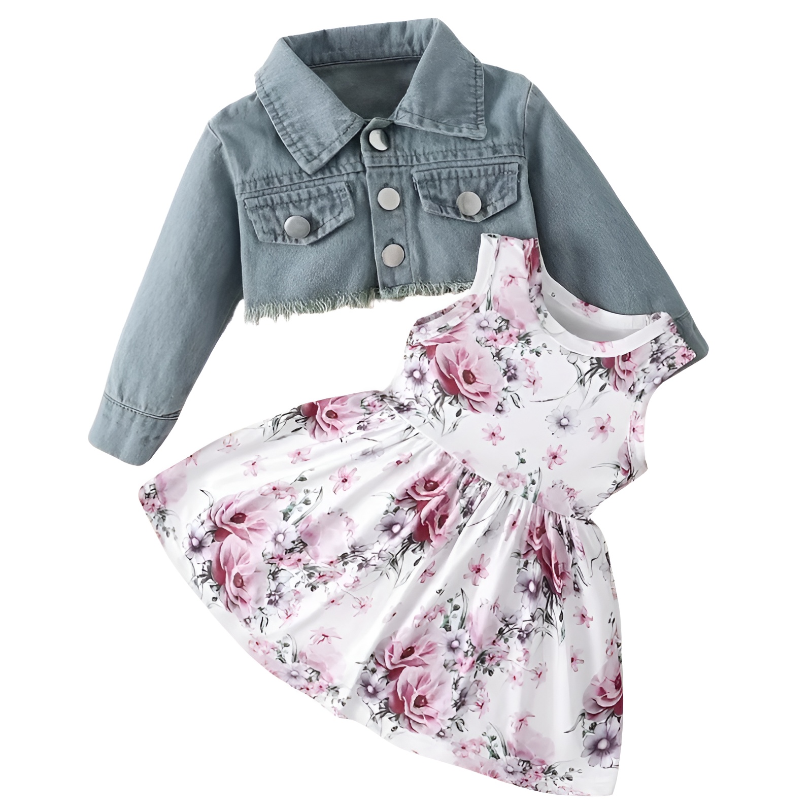 Girl Cartoon Print Vest Dress with and Short Denim Top Two Piece Set