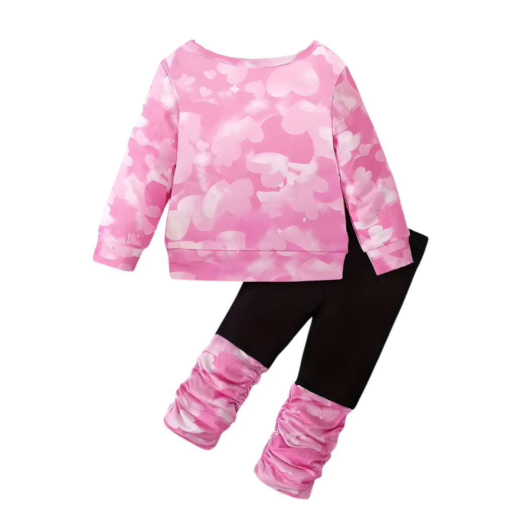 Cartoon Face Print Round Neck Long Sleeve Top With Ruffled Patchwork Pants