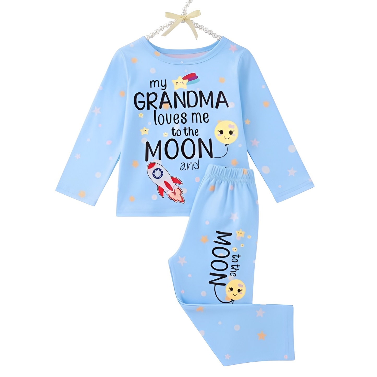 Slogan and Stars Moon Rocket Print Pajama Set for Girls