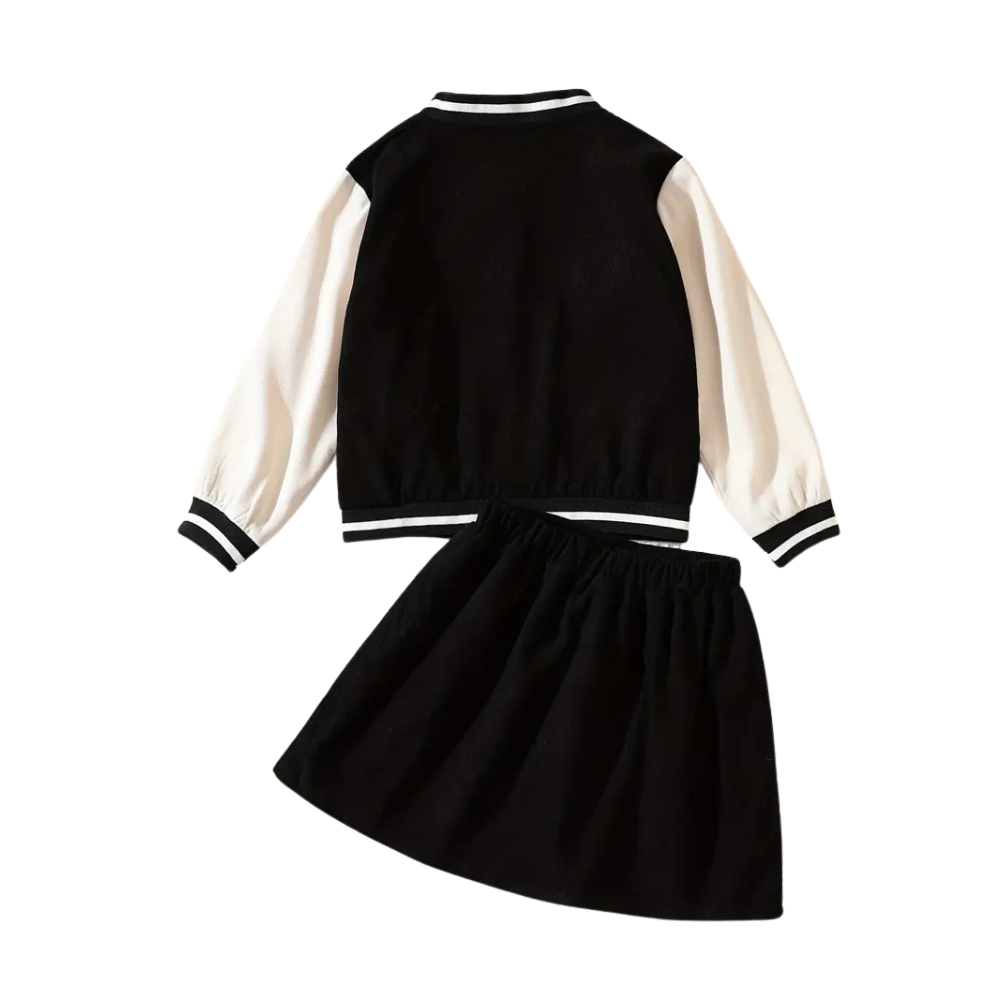Two Piece Girls Preppy Outfit With Baseball Jacket And Pleated Skirt