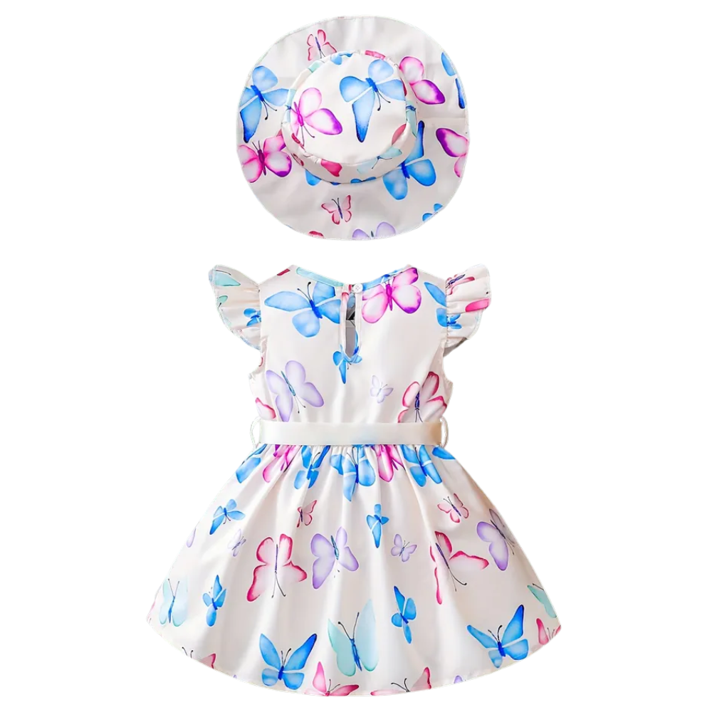 Butterfly Printed Dress And Matching Hat Set For Girls 