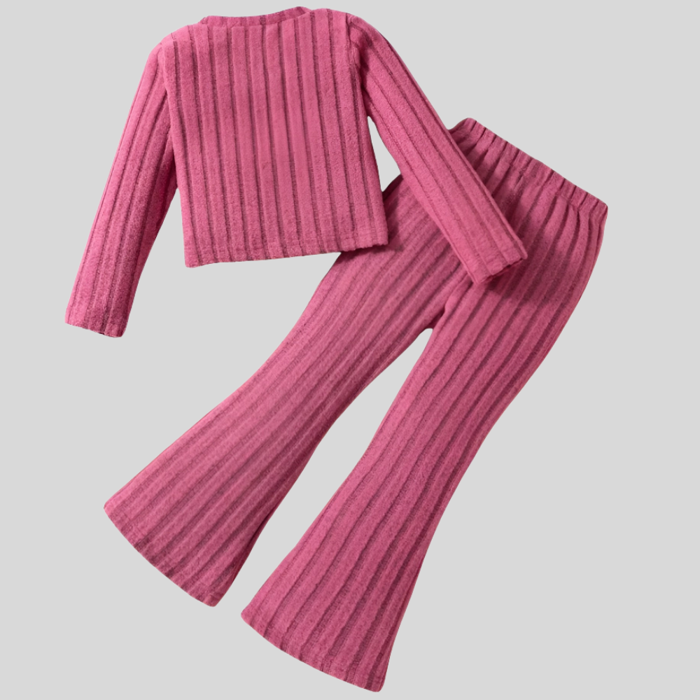 Long Sleeve Ribbed Pullover Top With Flare Pants Set For Girls