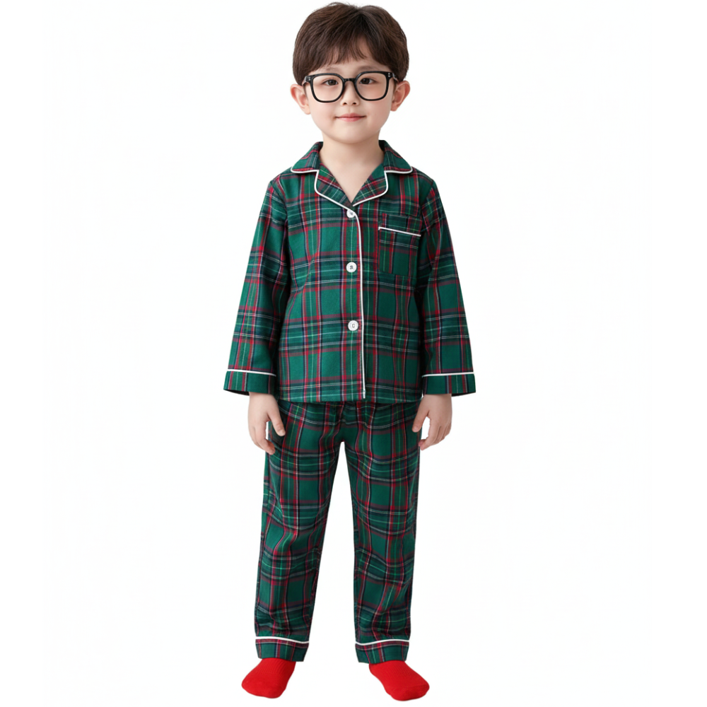 Kids Cotton Plaid Long Sleeve Pajama Set For Boys And Girls