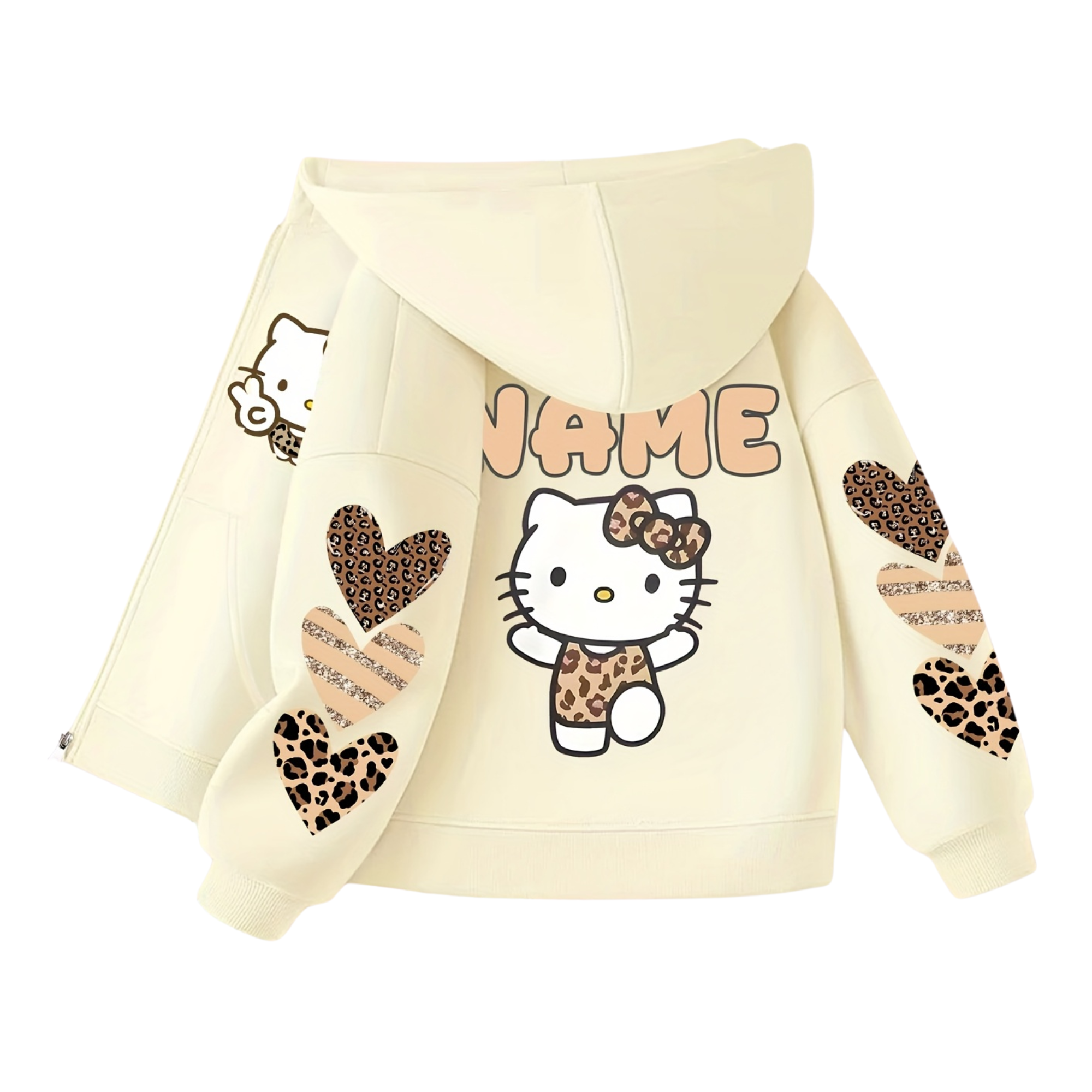  Cardigan Hoodie Features a Cute Leopard Print with Double-Sided Fun Prints of Hello Kitty