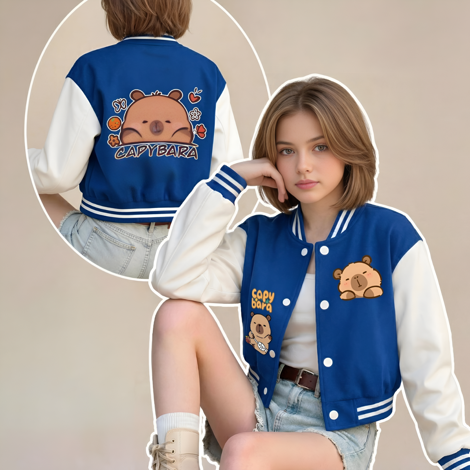 Capybara Graphic Print Baseball Jacket With Snap Closure For Girls
