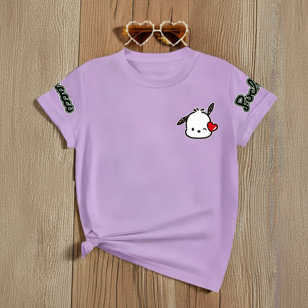Mesh Short Sleeve T Shirt With Double Sided Pochacco Print For Girls