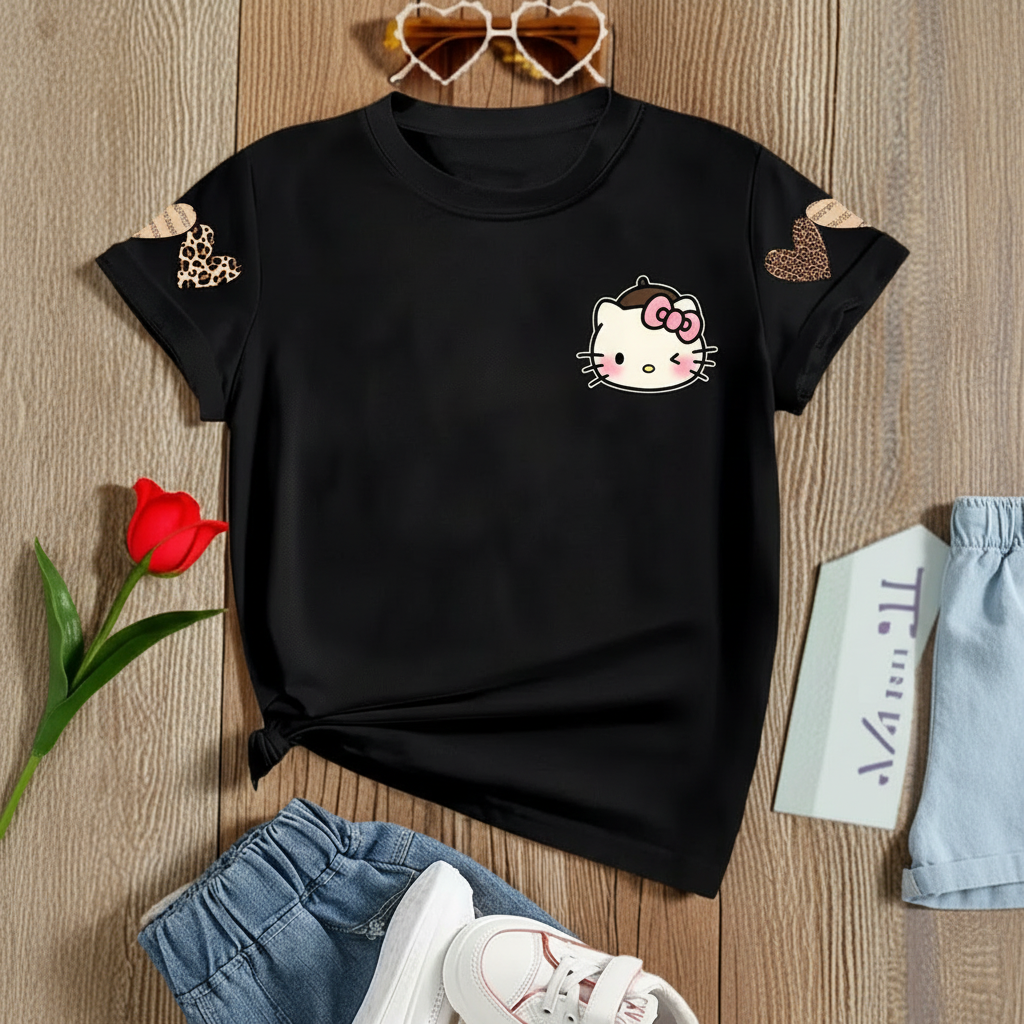 Short Sleeve T Shirt With Double Sided Leopard Print Hello Kitty For Girls