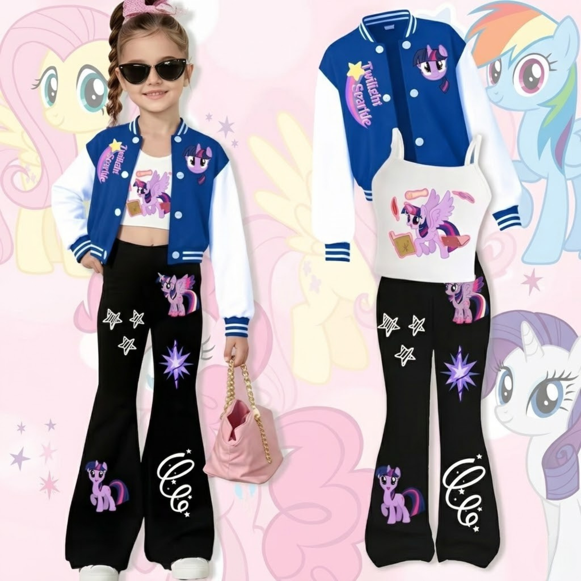 3 Piece Twilight Sparkle Character Printed Outfit Set For Girls 