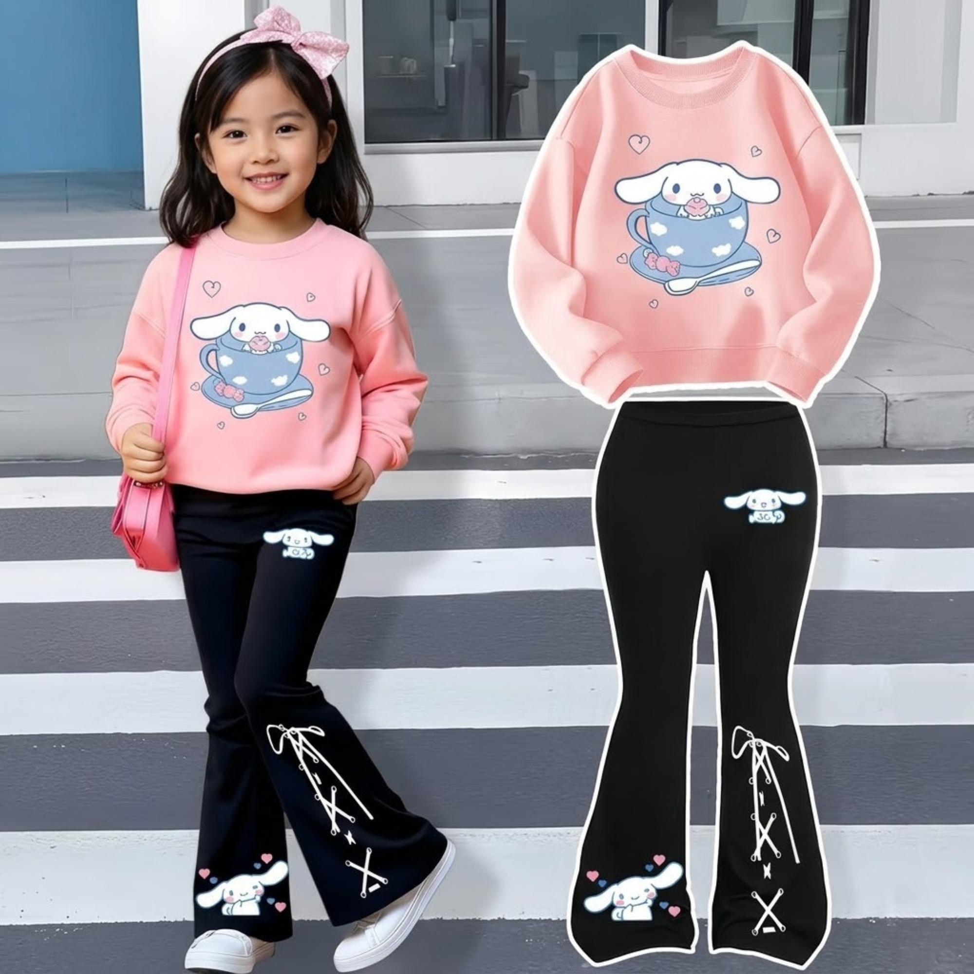 Cinnamoroll Design Printed Sweatshirt And Flared Pants Set For Girls 