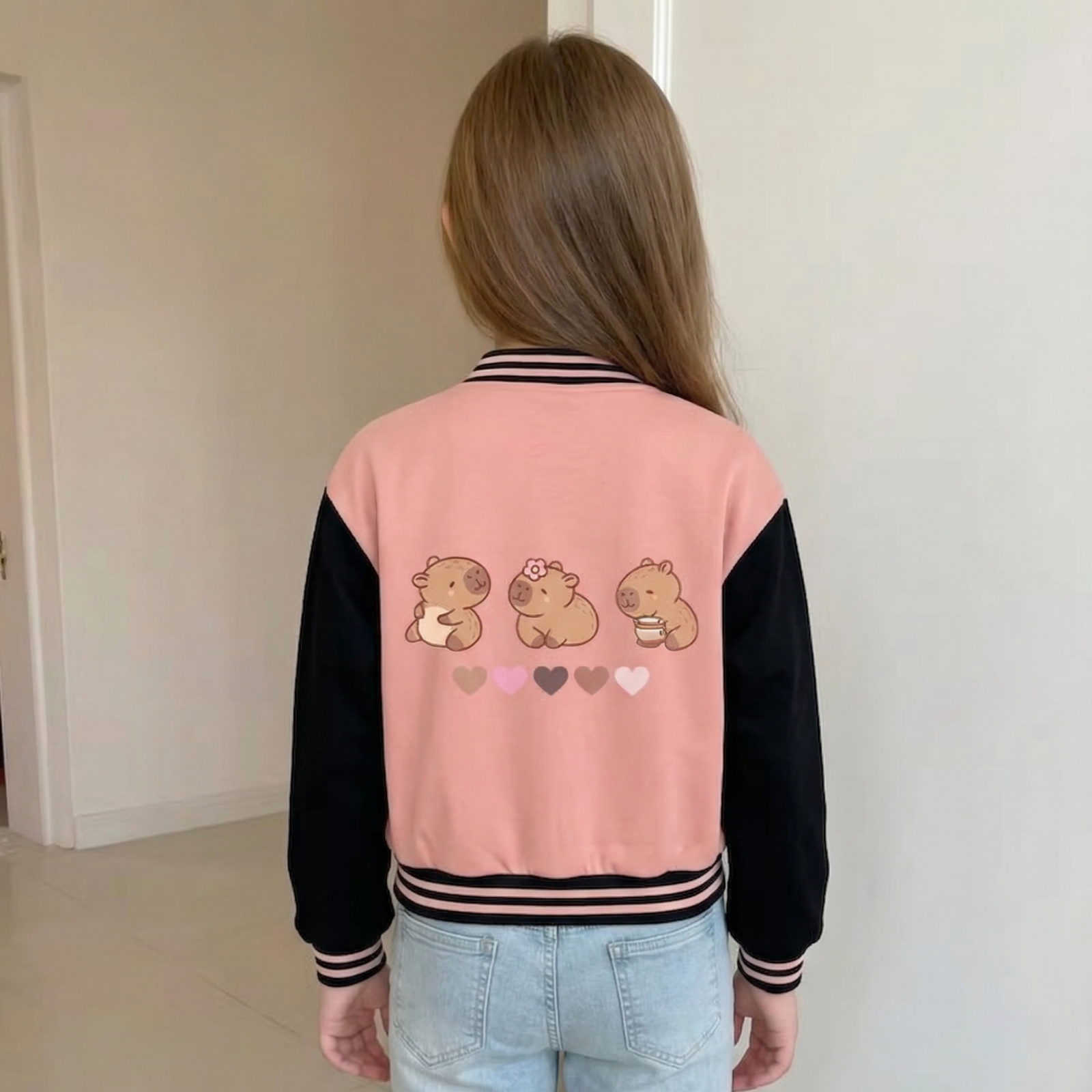 Capybara Character Printed Casual Jacket With Snap Closure For Girls