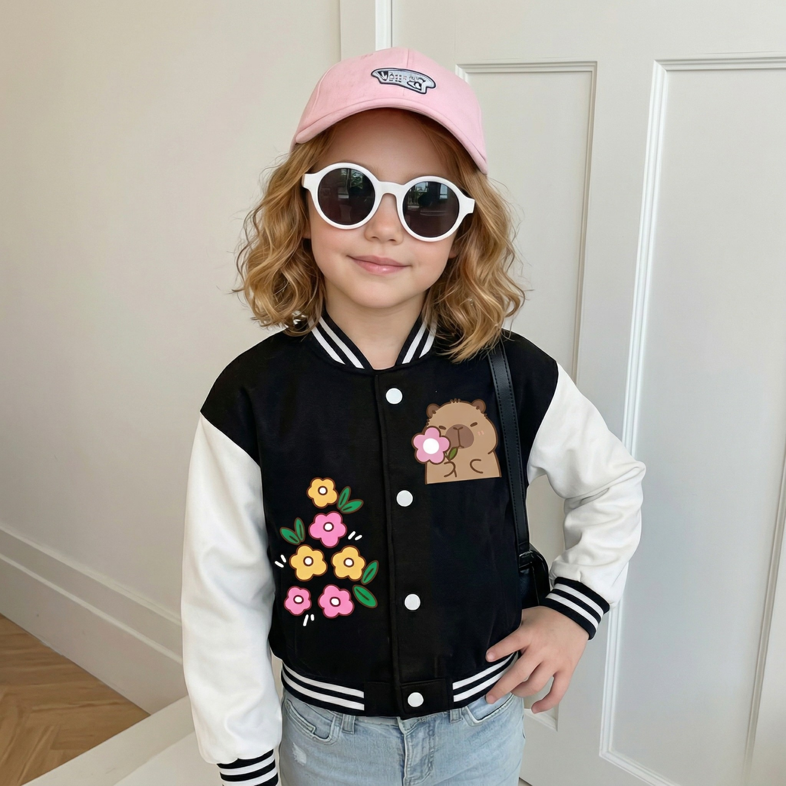 Capybara Family Graphic Casual Baseball Jacket For Girls
