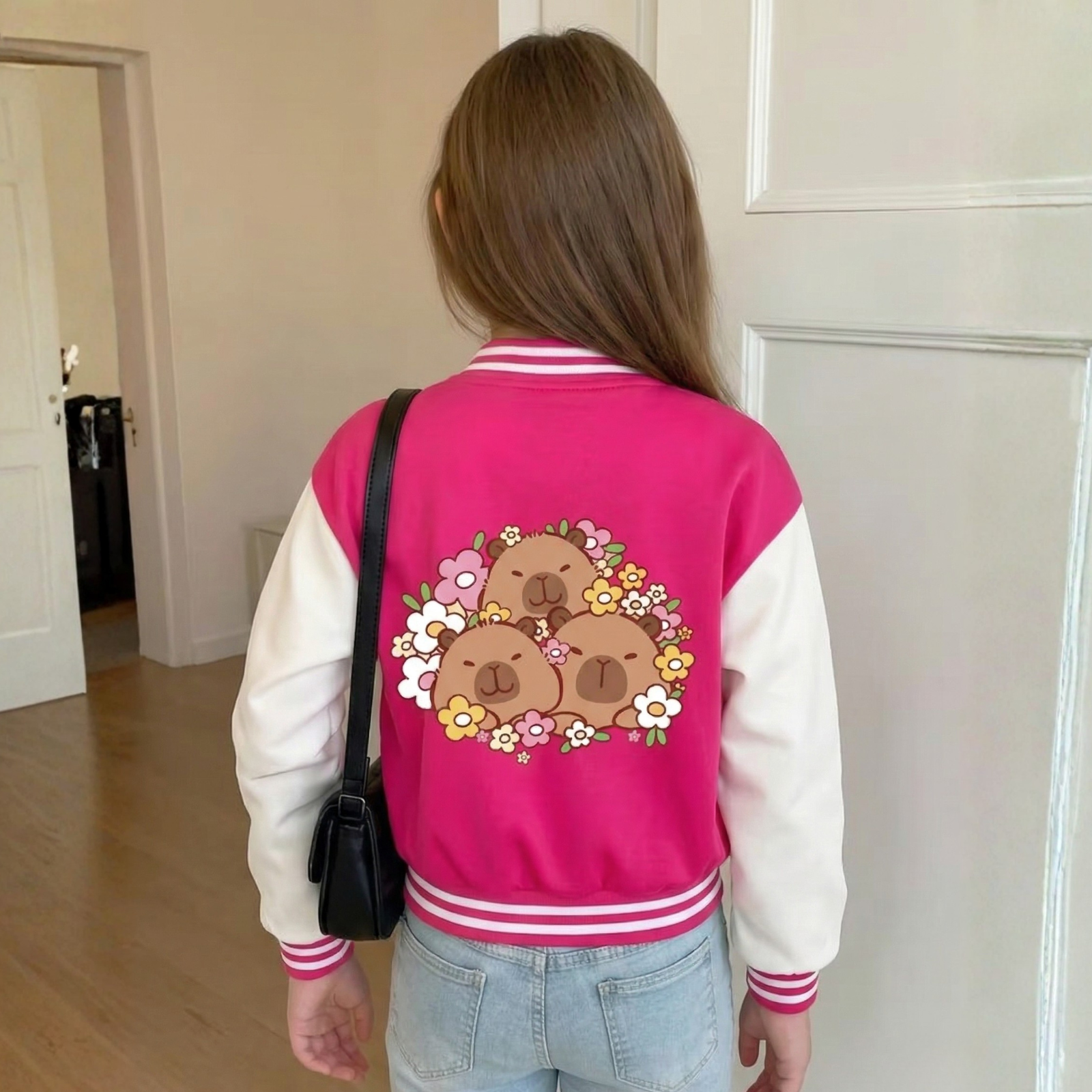 Capybara Family Graphic Casual Baseball Jacket For Girls