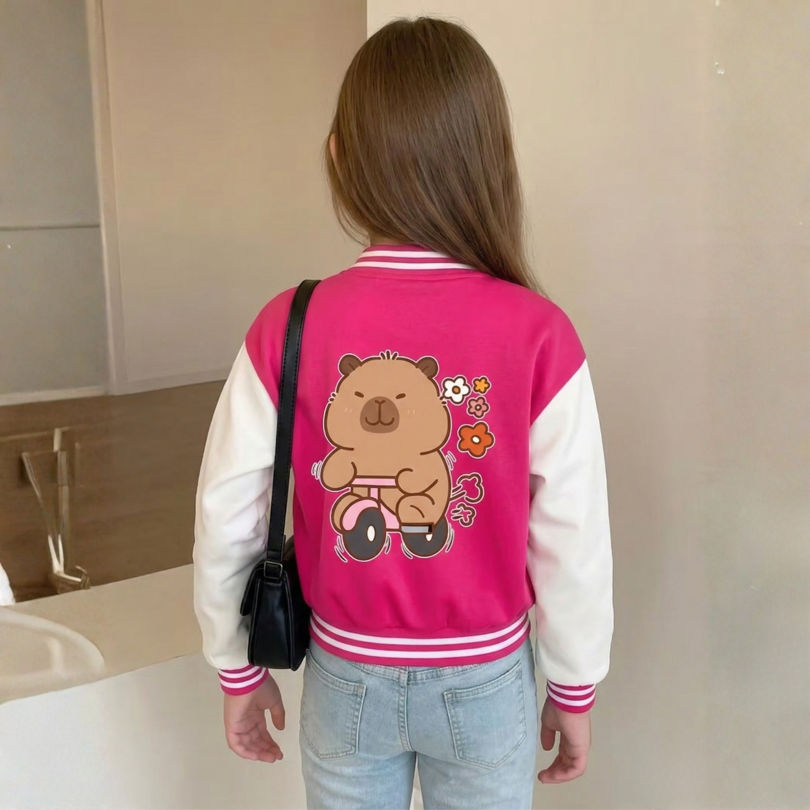 Capybara Cartoon Multi Print Baseball Jacket With Snap Closure For Girls