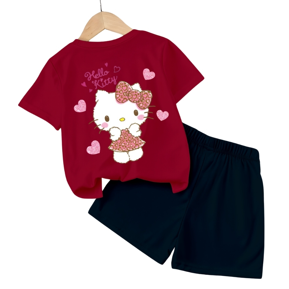 Hello Kitty Double Sided Print T Shirt And Shorts 2 Piece Outfit Set For Girls