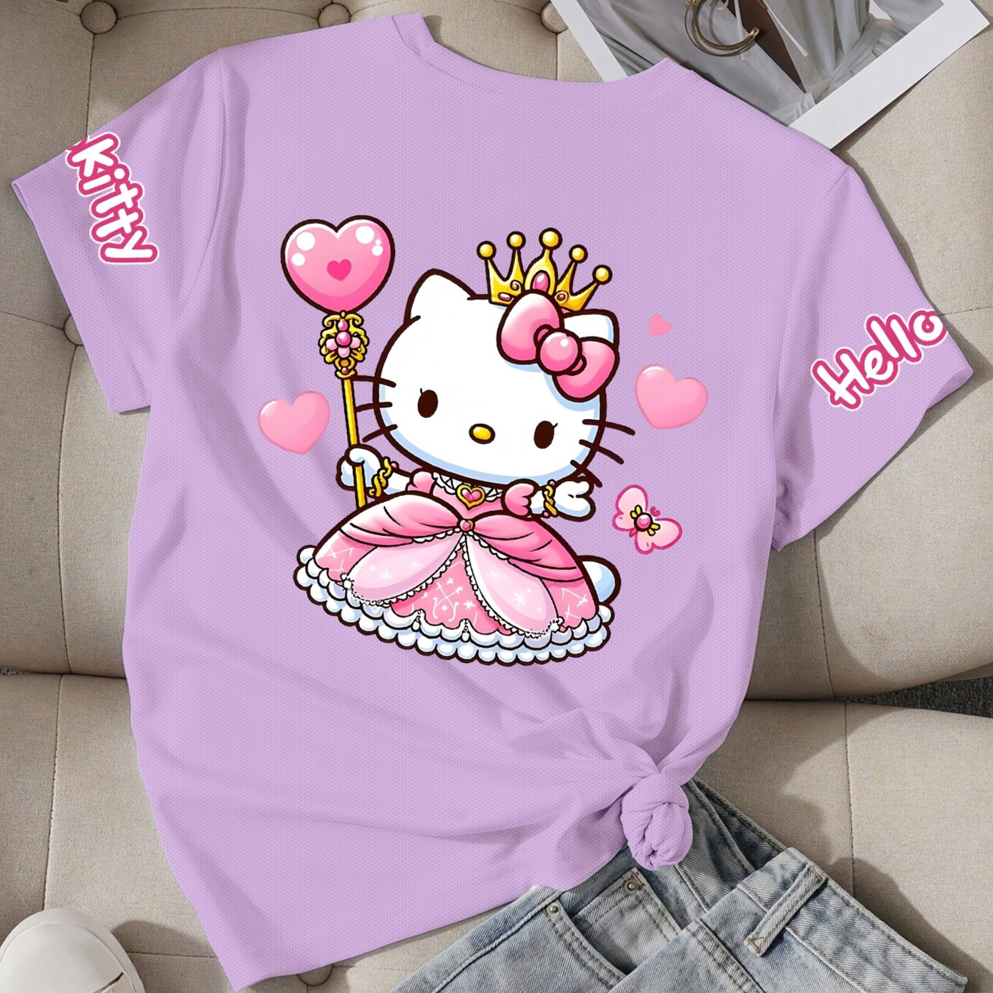 Casual Short Sleeved T Shirt With Hello Kitty Printed For Girls 